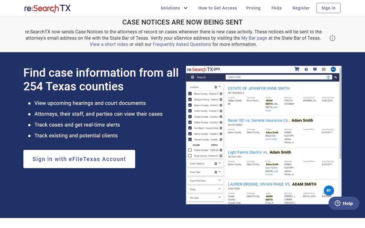 re:SearchTX court record search portal for Texas cases