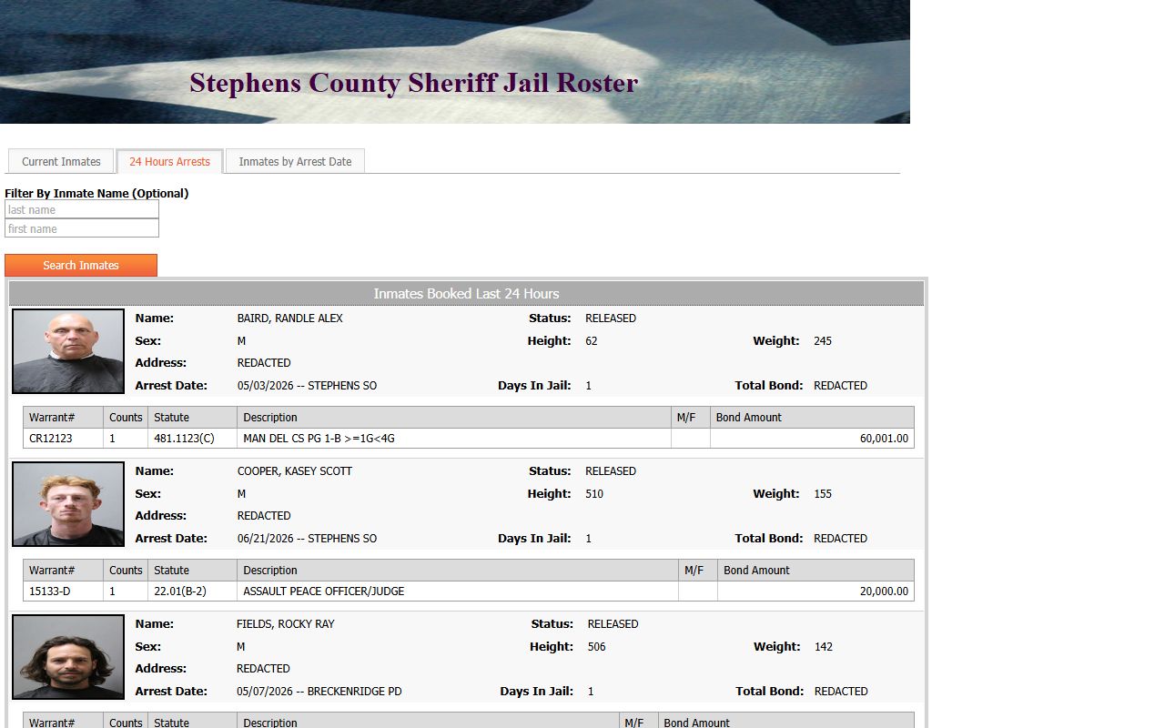 Stephens County 24-hour arrests roster showing booking photos and release status