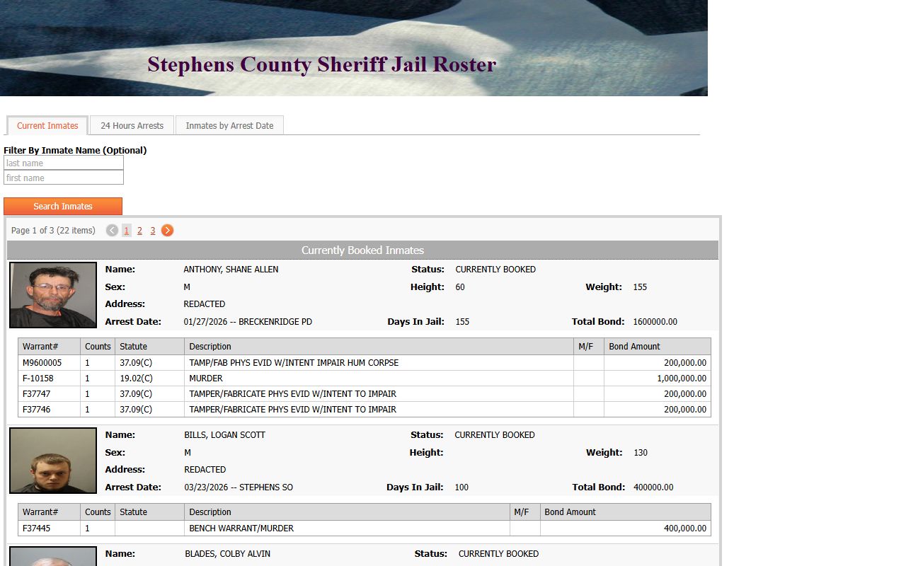 Stephens County current inmates roster with search fields, photos, charges, and pagination