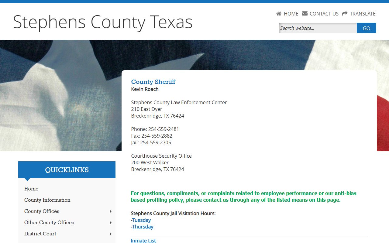 Stephens County Sheriff page with law enforcement center address and inmate list link